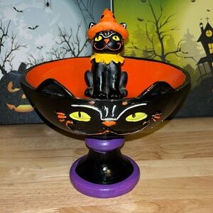 NEW HALLOWEEN PRIMITIVE STYLE BLACK CAT CANDY DISH HOLDER TABLE DECOR